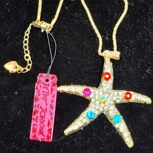 Vintage Betsey Johnson Starfish Necklace Rhinestone Jewels Statement 26 inch New